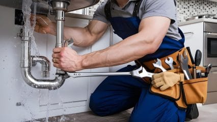 Plumber repairing sink pipes in Lynn Haven, Florida home