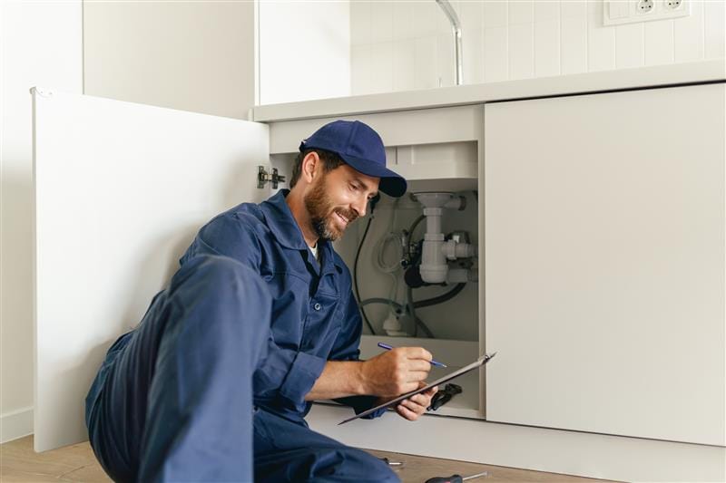Residential plumber reviewing plumbing repairs in a Lynn Haven kitchen